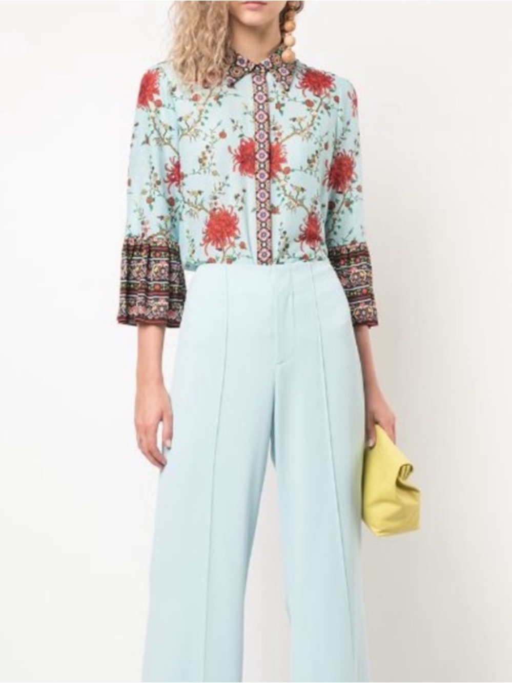 Alice + Olivia Rana Blue Floral Silk-Cotton Ruffle Sleeve Blouse XS - Picture 2 of 8